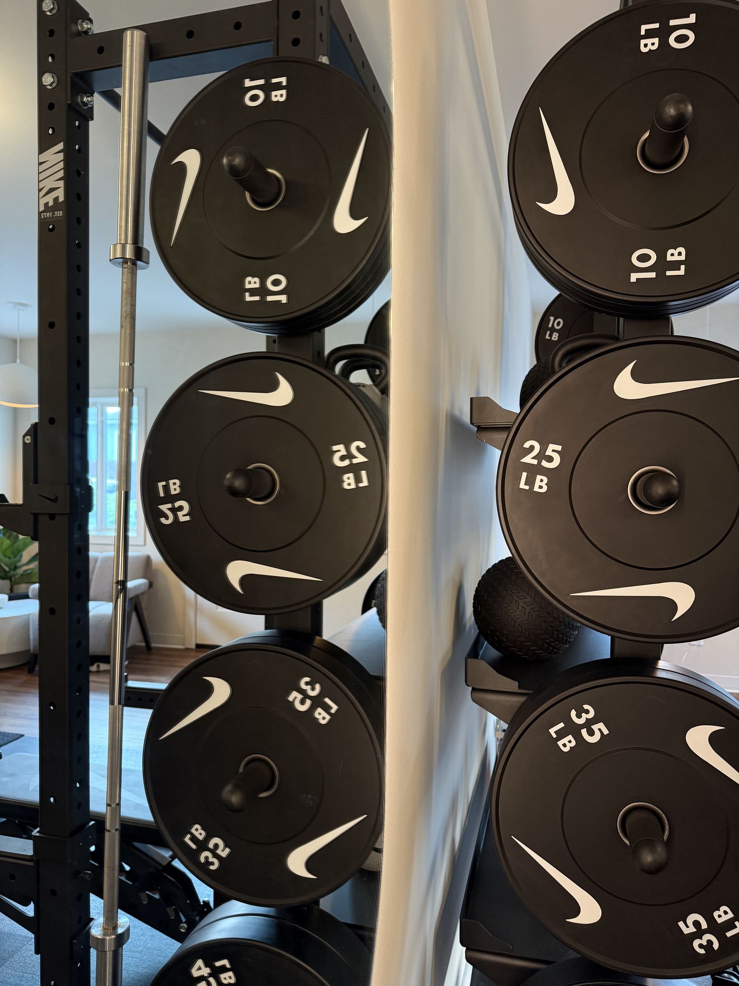 Nike bumper plates racked at Evolve